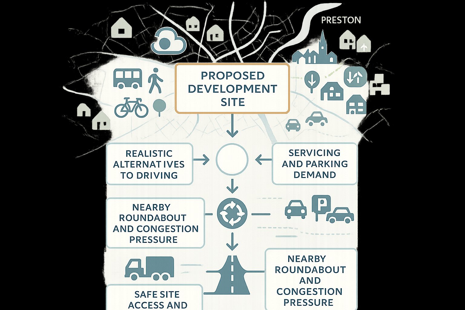 Infographic showing how transport planning supports safe and sustainable development in Preston.