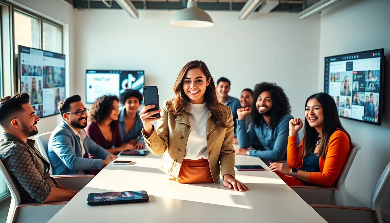Young woman recording content in a modern workspace.