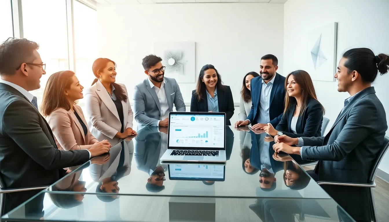 diverse professionals collaborating in a modern office on Aveksmr solutions.
