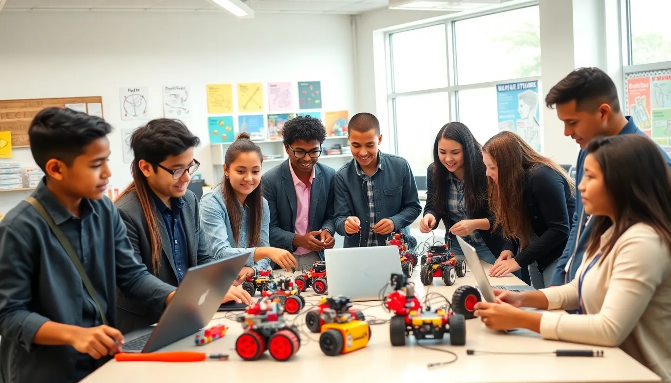 students collaborating on robotics projects in a modern workshop.