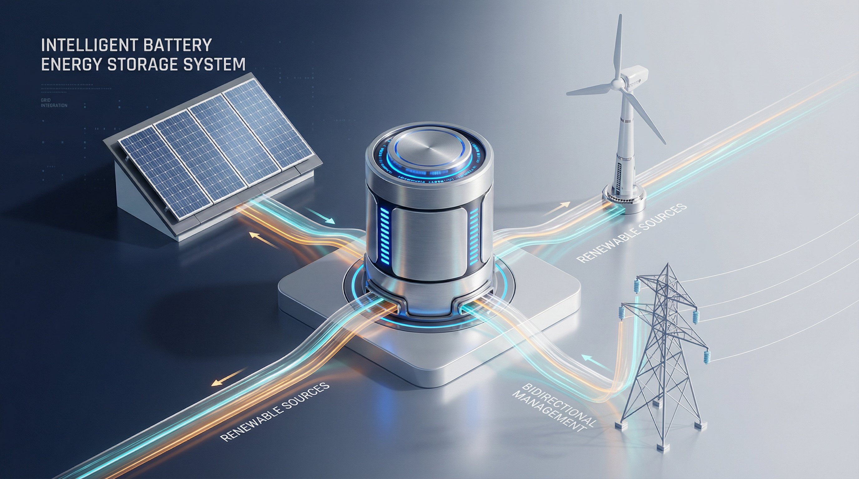 3D render of battery storage system connected to solar panels, wind turbine, and electric grid.