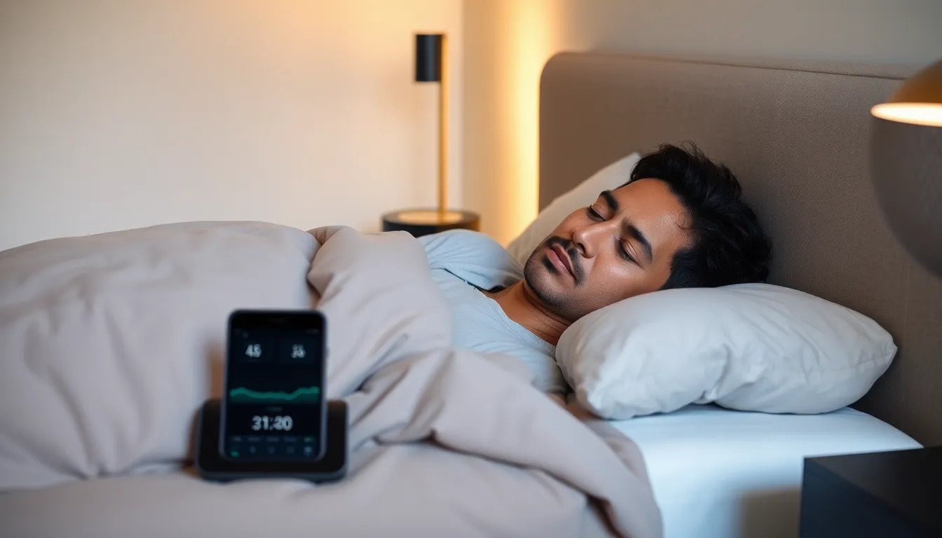 individual sleeping peacefully in a modern bedroom with a sleep tracker.