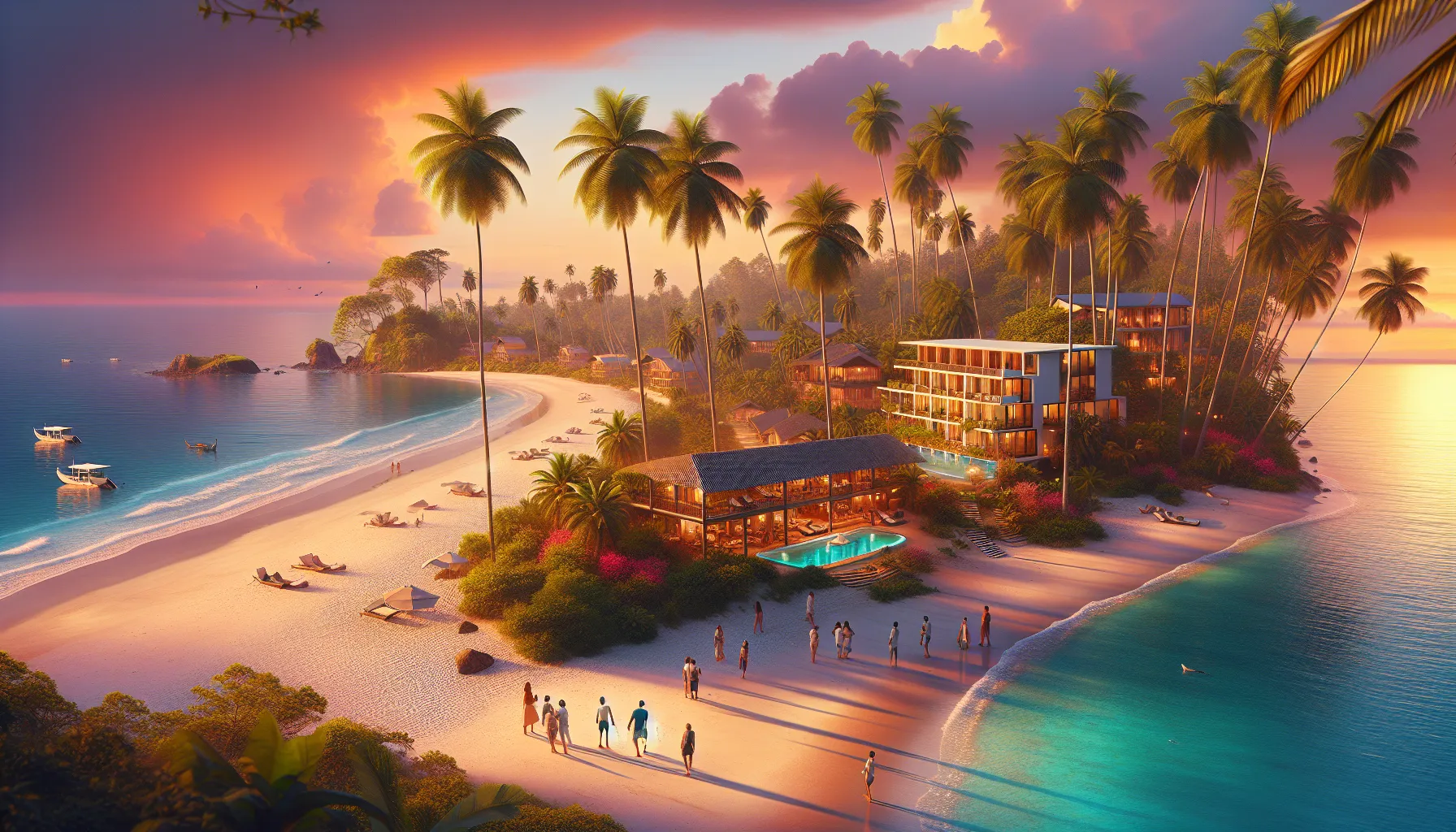 Scenic view of Zethazinco Island with a beachside hotel and sunset.