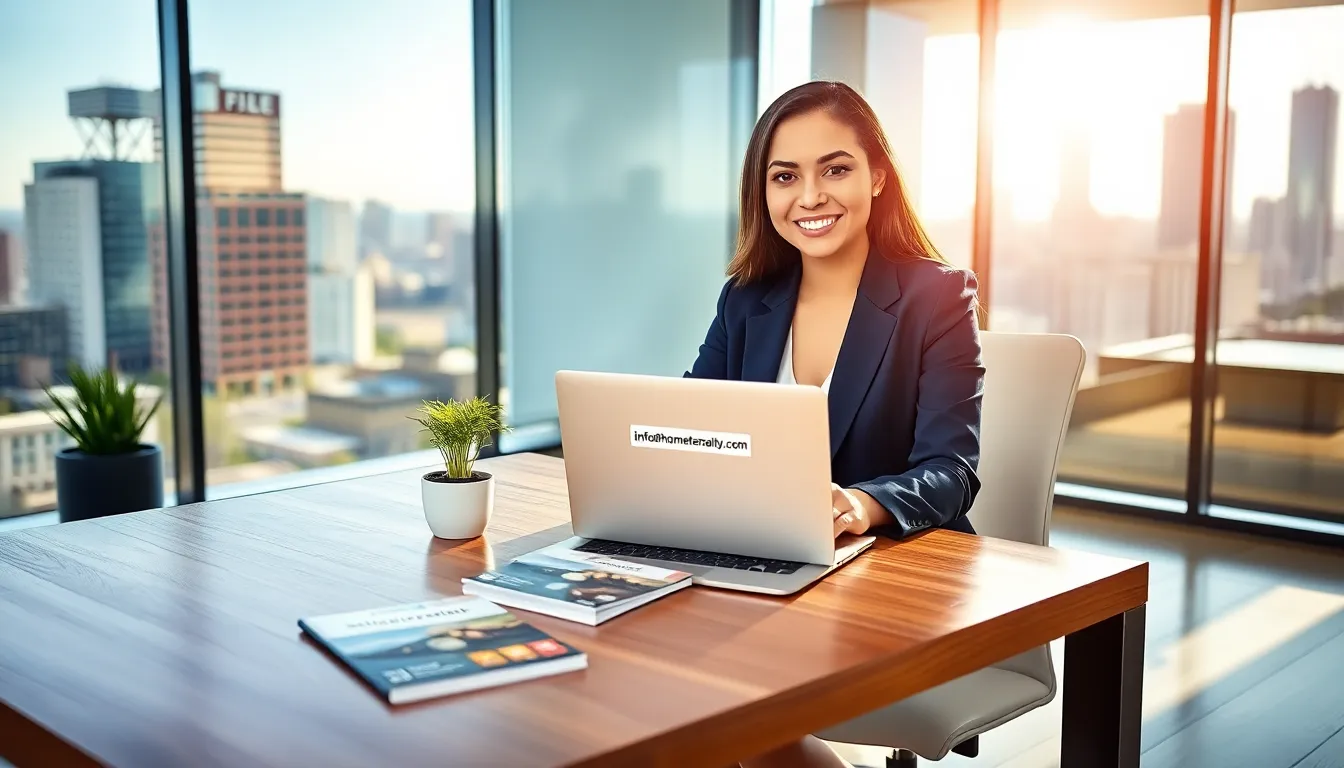 A real estate agent at Home Rocket Realty with a laptop showcasing an email address.