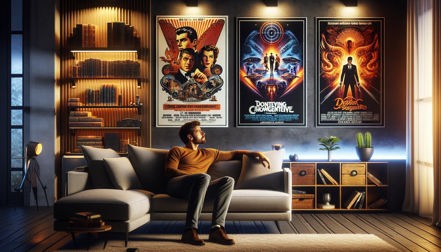 A person comparing classic and modern movie posters in a home theater.