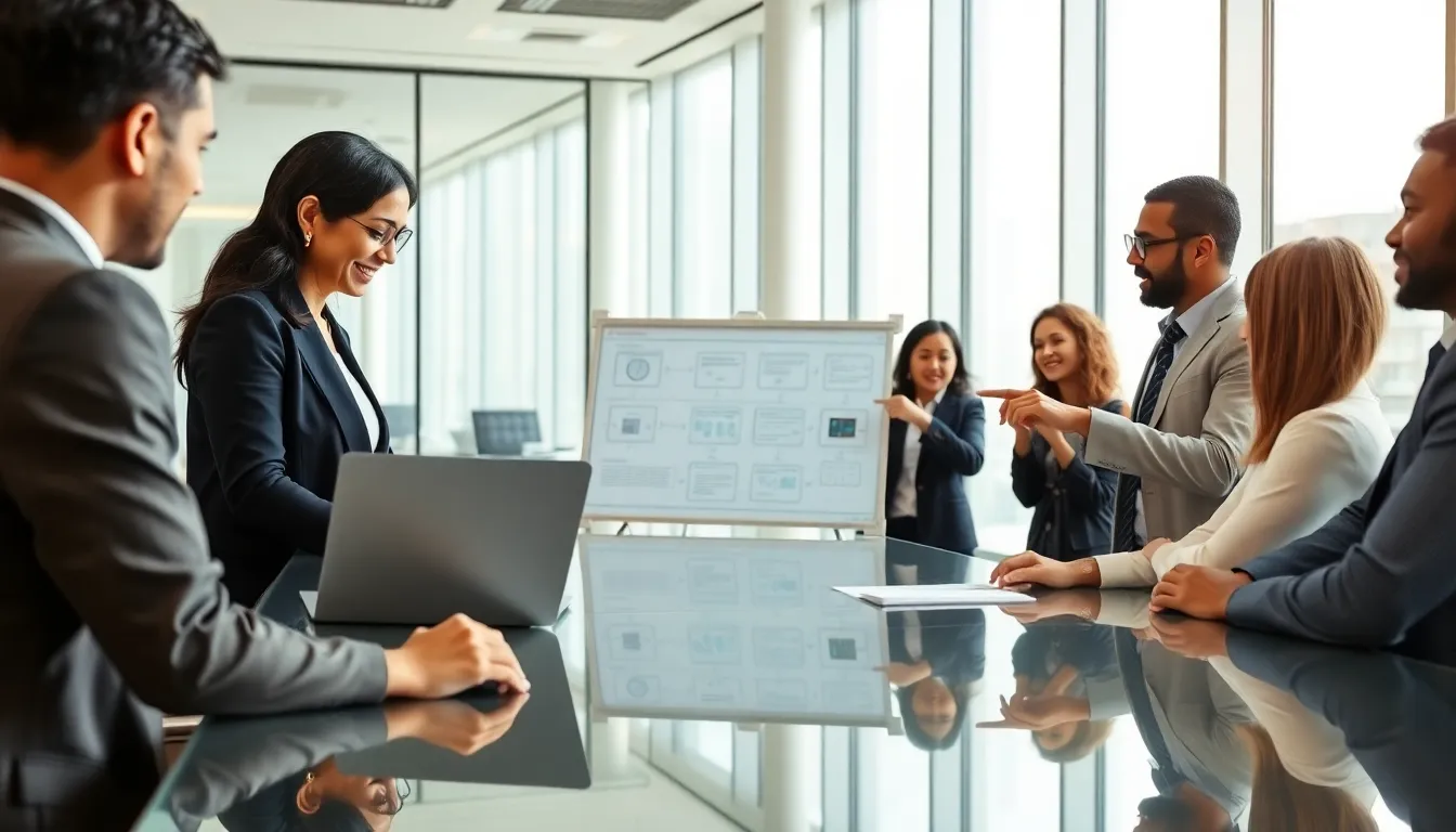 diverse professionals collaborating in a modern office on a low-code platform.