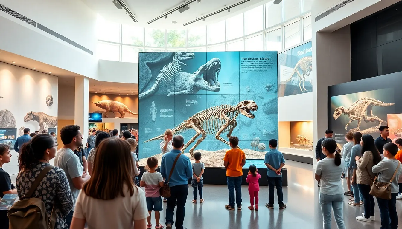 visitors exploring an evolution life science museum exhibit.
