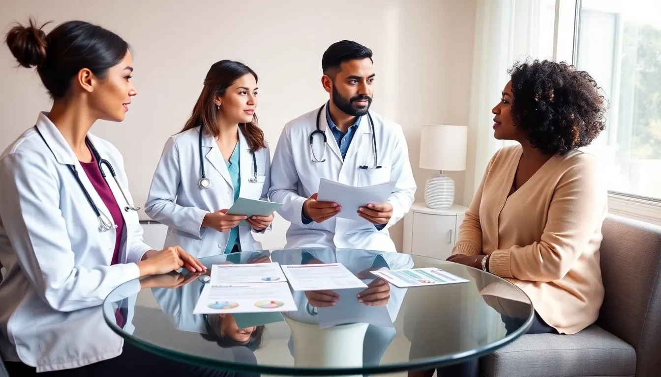 healthcare professionals discussing bed wetting treatment in a pediatric office.