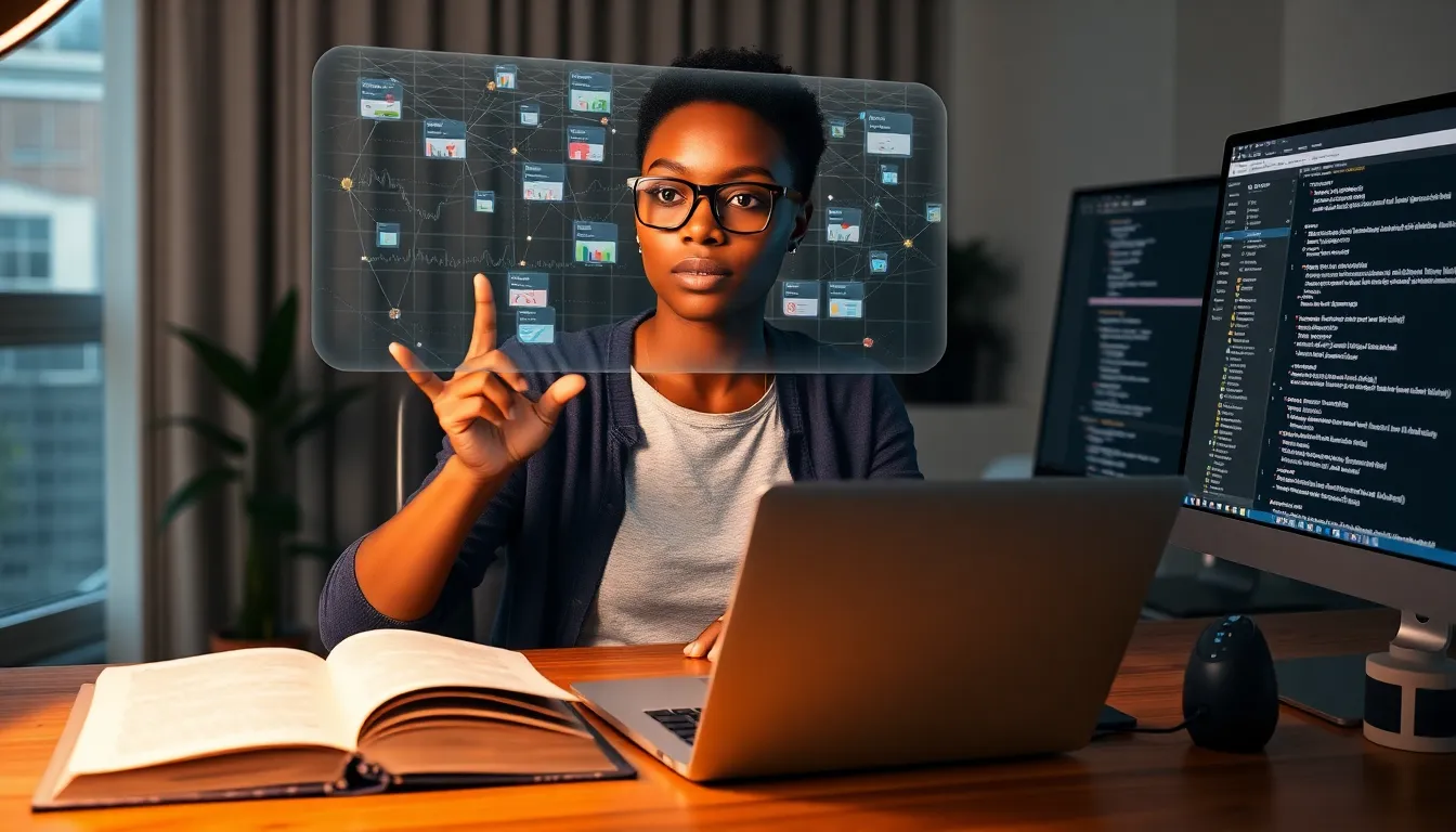 Engineer gestures to a glowing 3D index above her laptop in a home office.