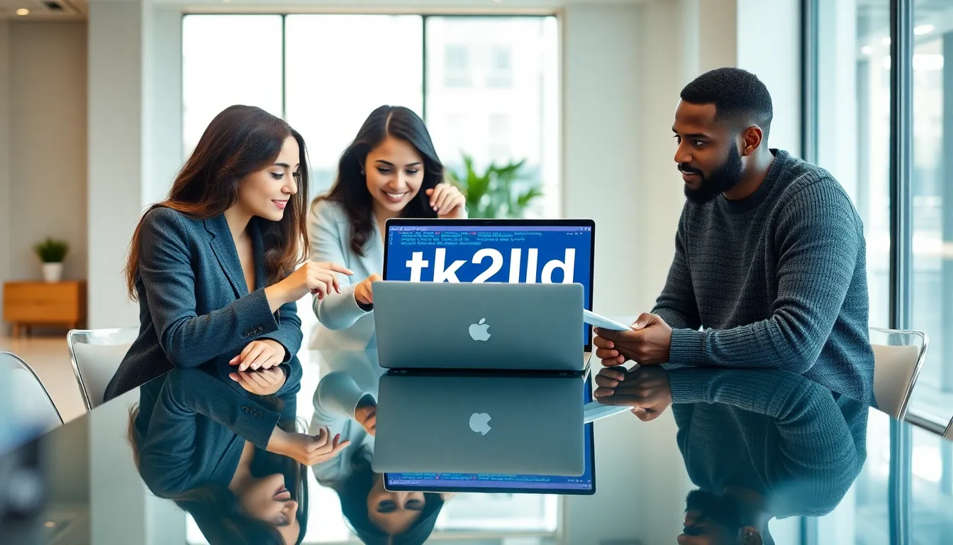 diverse team brainstorming about tk2lld in a modern office.