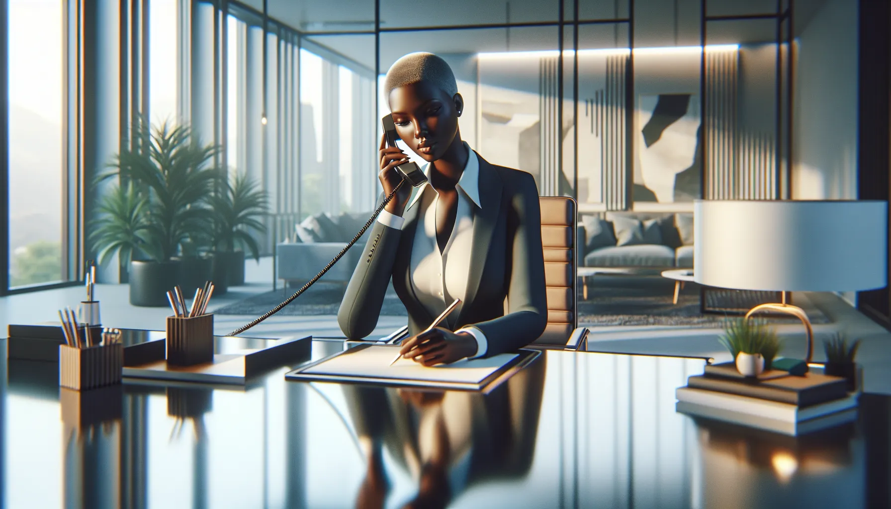 a professional talking on the phone in a modern office.