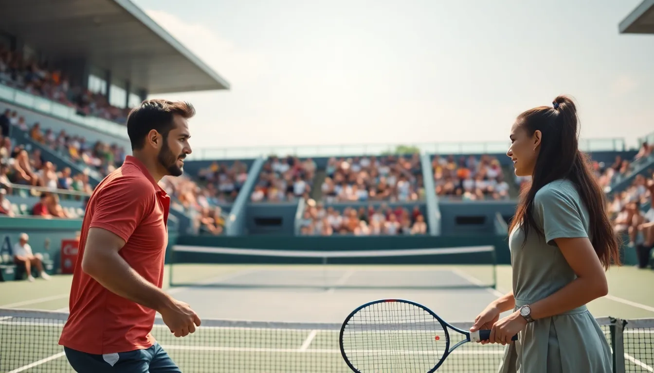 diverse tennis players competing on a modern court.