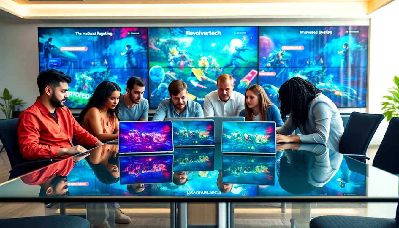 diverse team collaborating in a modern gaming studio.