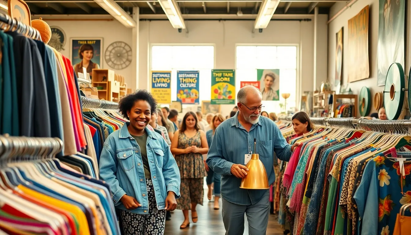 a diverse group of people shopping in a vibrant thrift store.