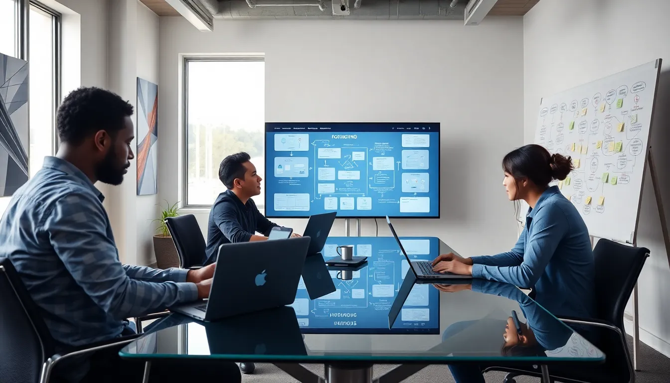 professionals collaborating on PaaS application development in a modern office