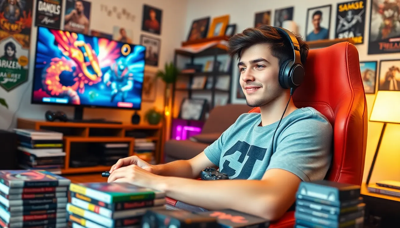 A young male gamer enjoying a vibrant gaming setup at home.