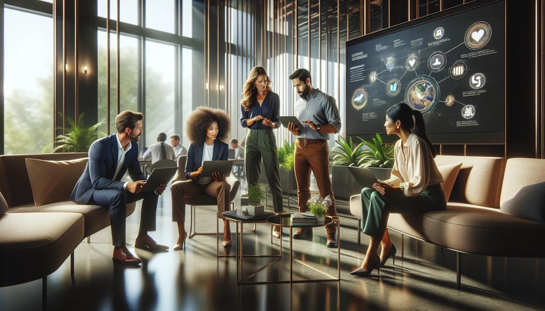 diverse professionals collaborating in a modern office setting.