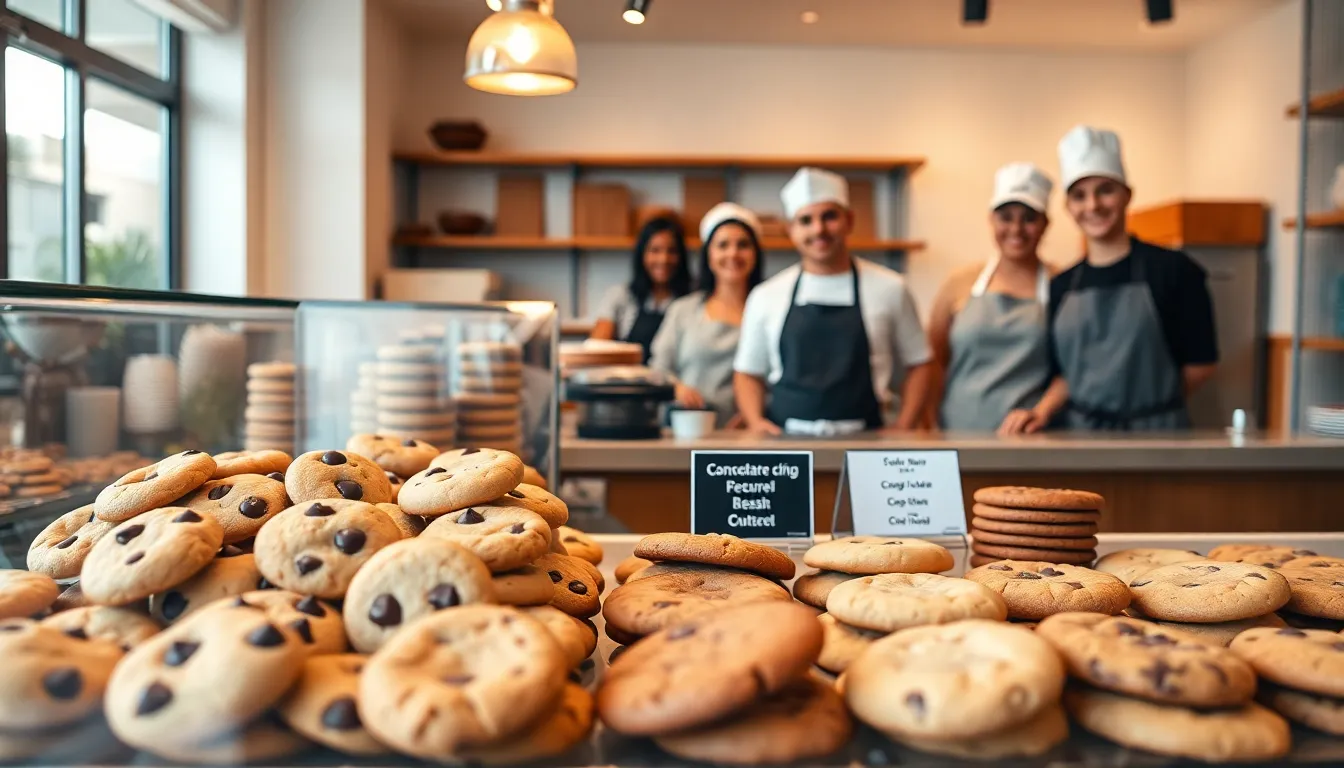 a bakery display of fresh cookies with a friendly team in the background.