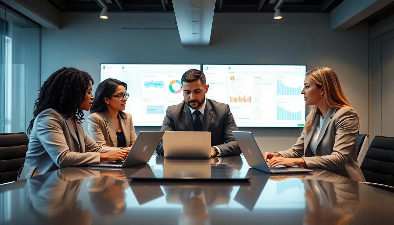 a diverse legal team collaborating in a modern office with technology tools.