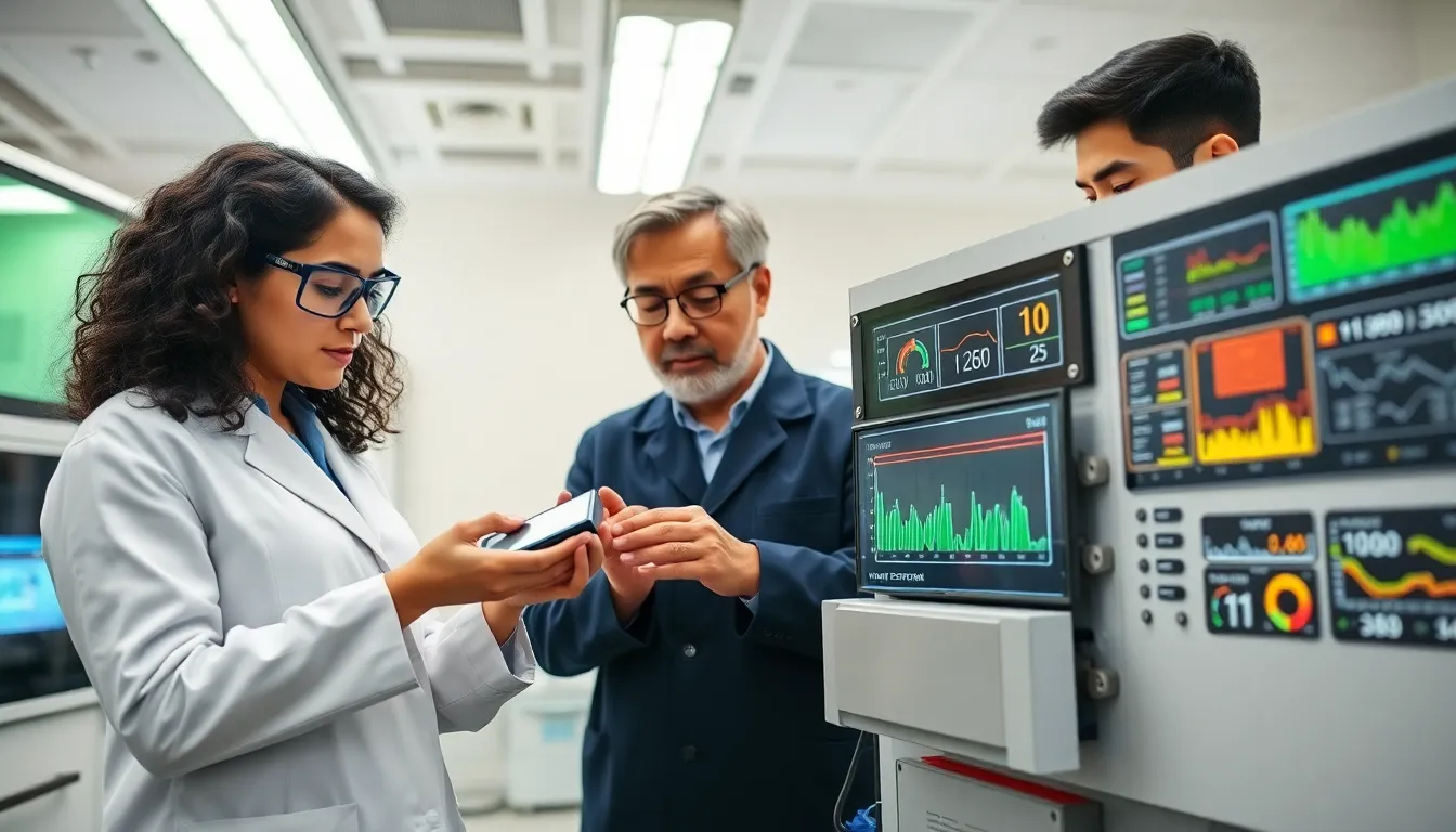 scientists demonstrating battery and supercapacitor technology in a lab.