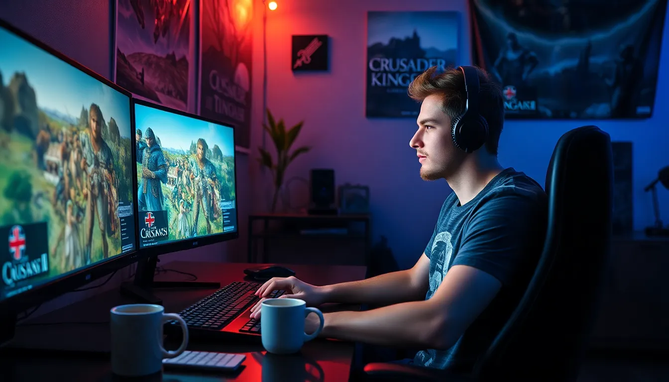 a young man playing Crusader Kings II on a computer in a dimly lit room.