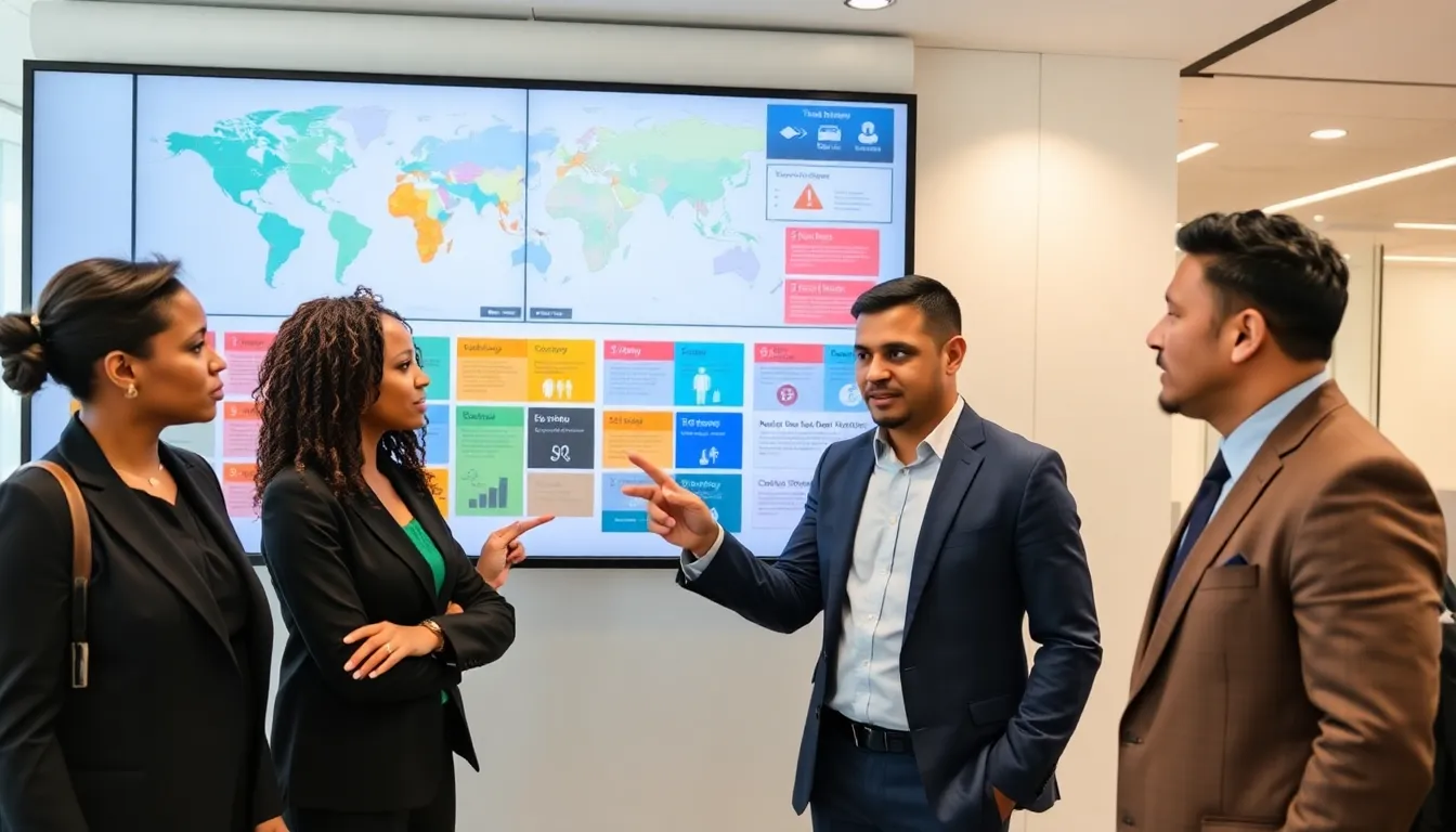 professionals discussing travel notices in a modern office.