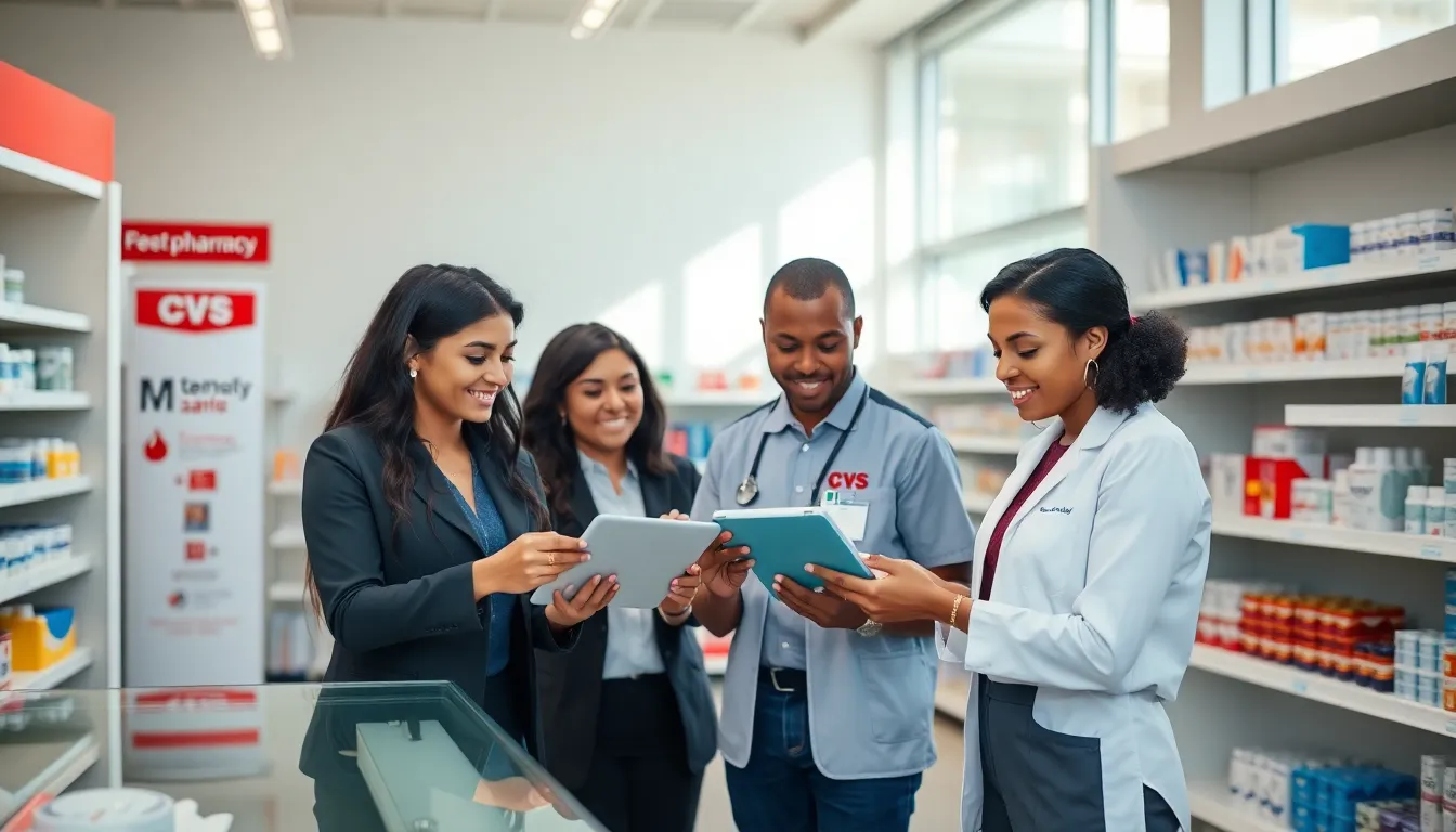 diverse pharmacy team engaged in training at CVS.