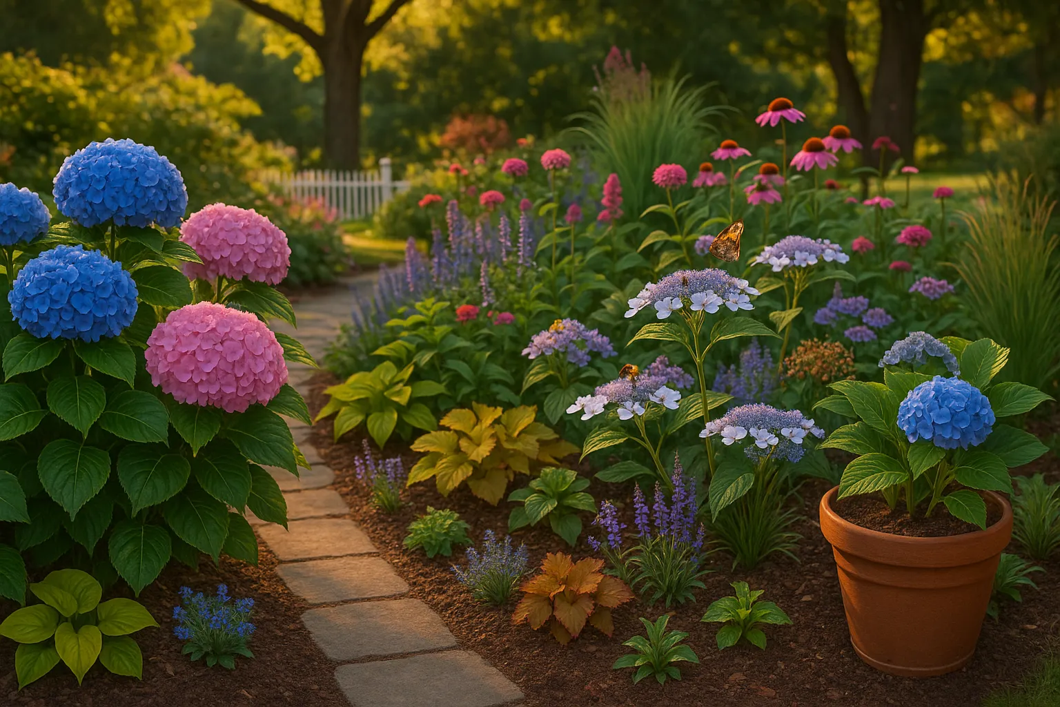 Blue mophead hydrangeas and lacecaps in a layered garden border