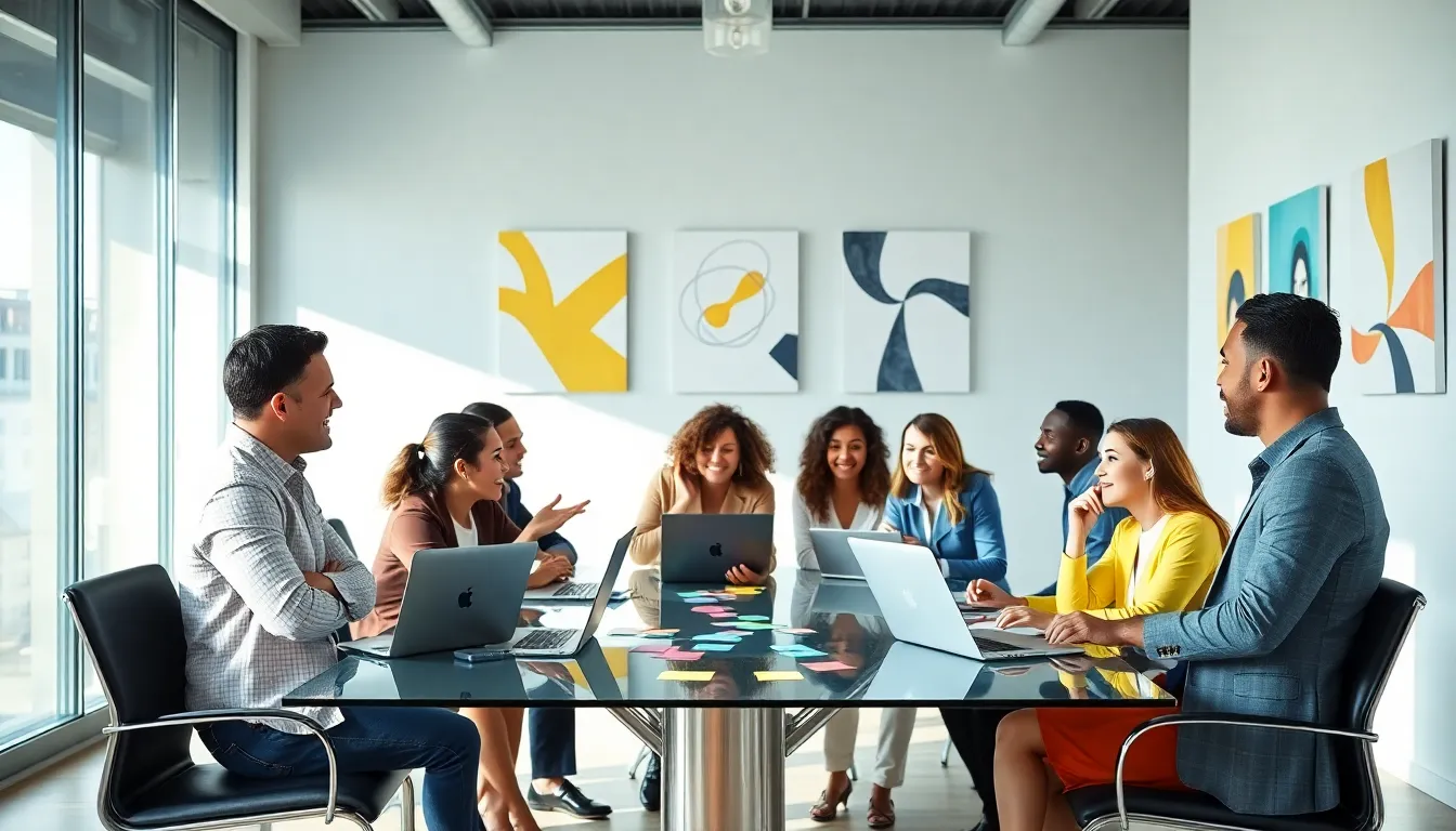 diverse professionals discussing in a modern office setting.