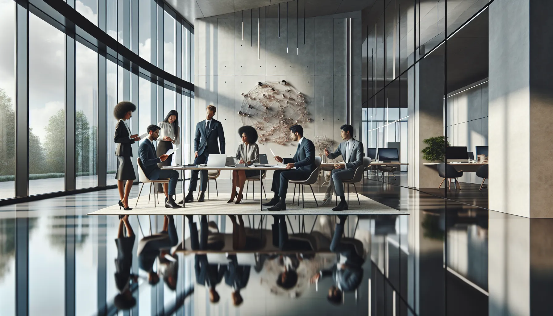 diverse professionals discussing cultural concepts in a modern office.