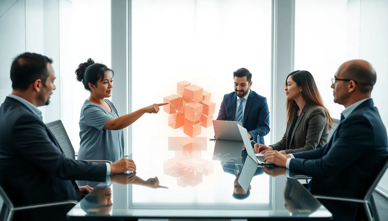 diverse team discussing blockchain technology in a modern office.