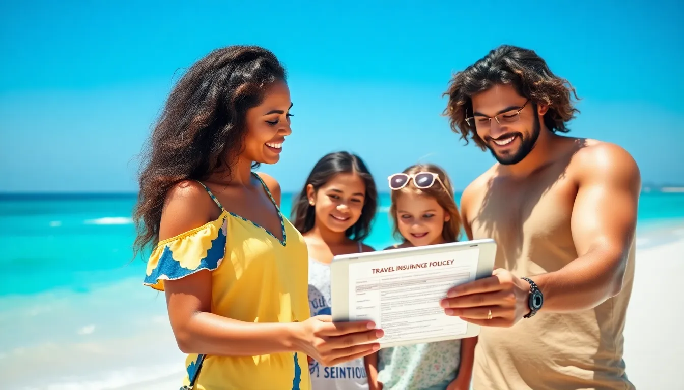 family reviewing travel insurance at a beach setting.