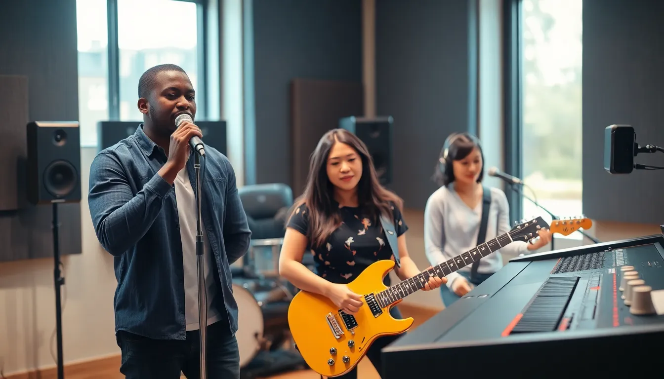 musicians collaborating in a modern music studio setting.