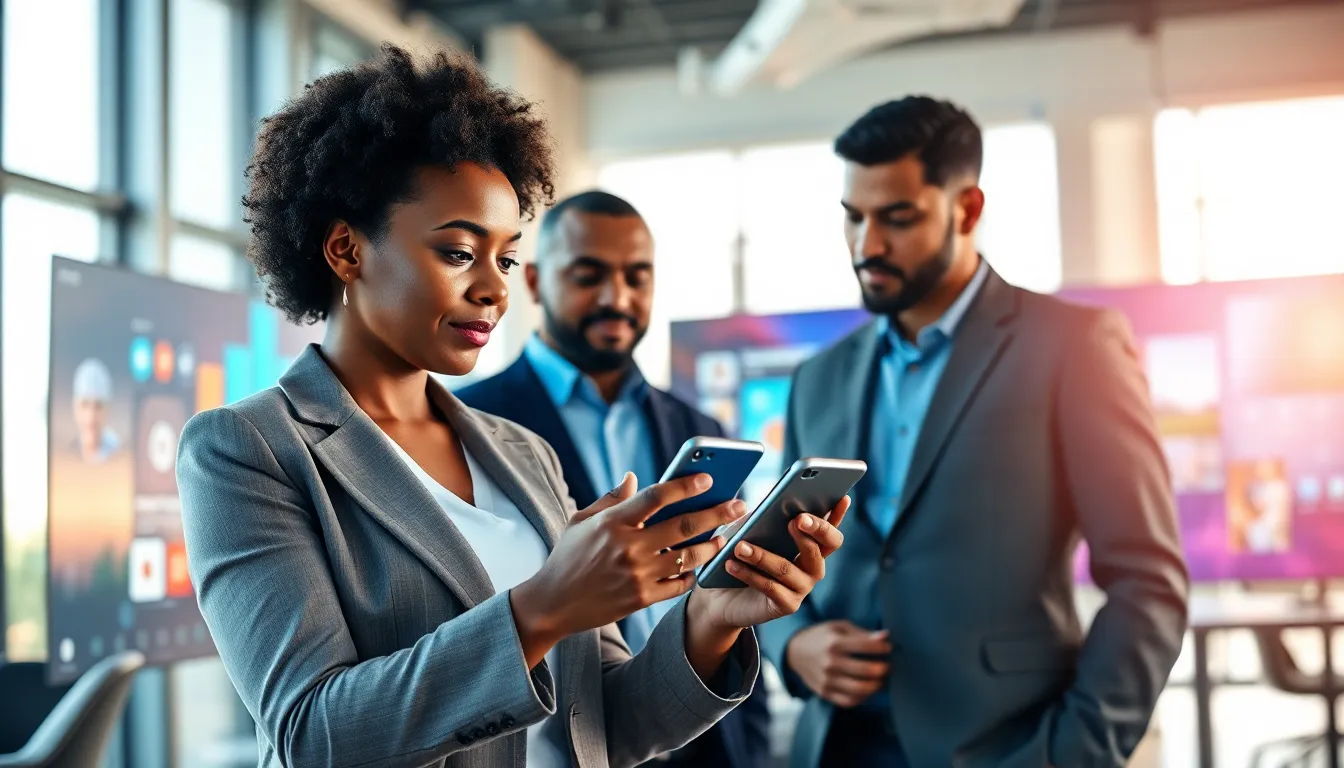 professionals using mobile applications in a modern workspace.