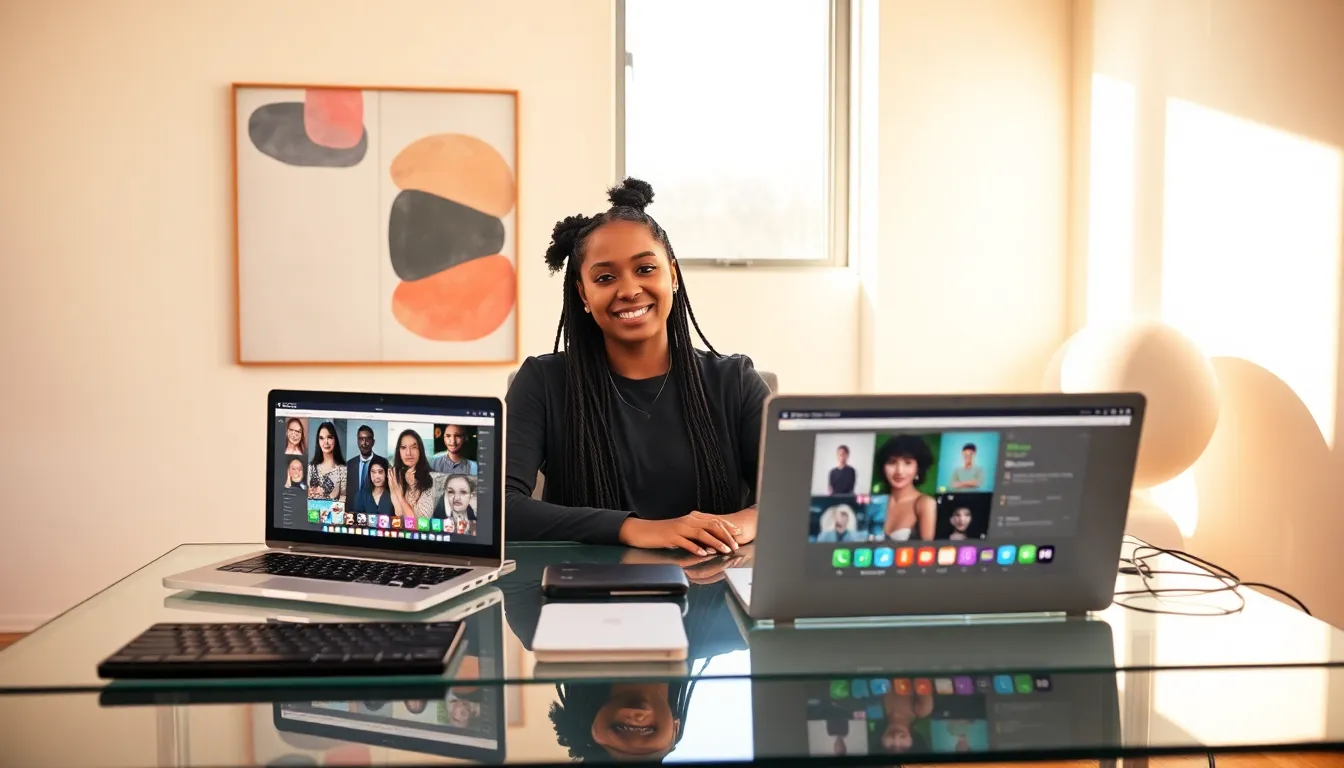 A content creator in a modern workspace producing social media content.