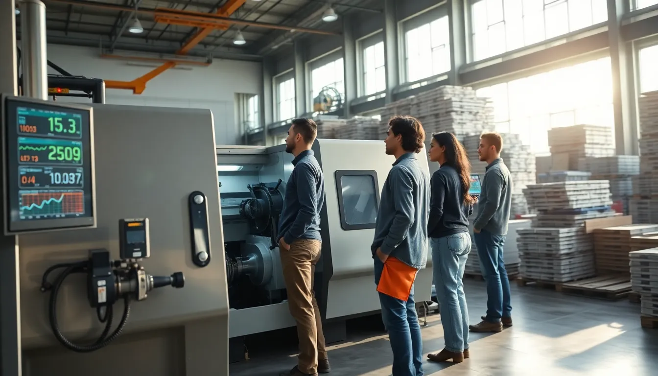 engineers monitoring large machinery in a manufacturing facility