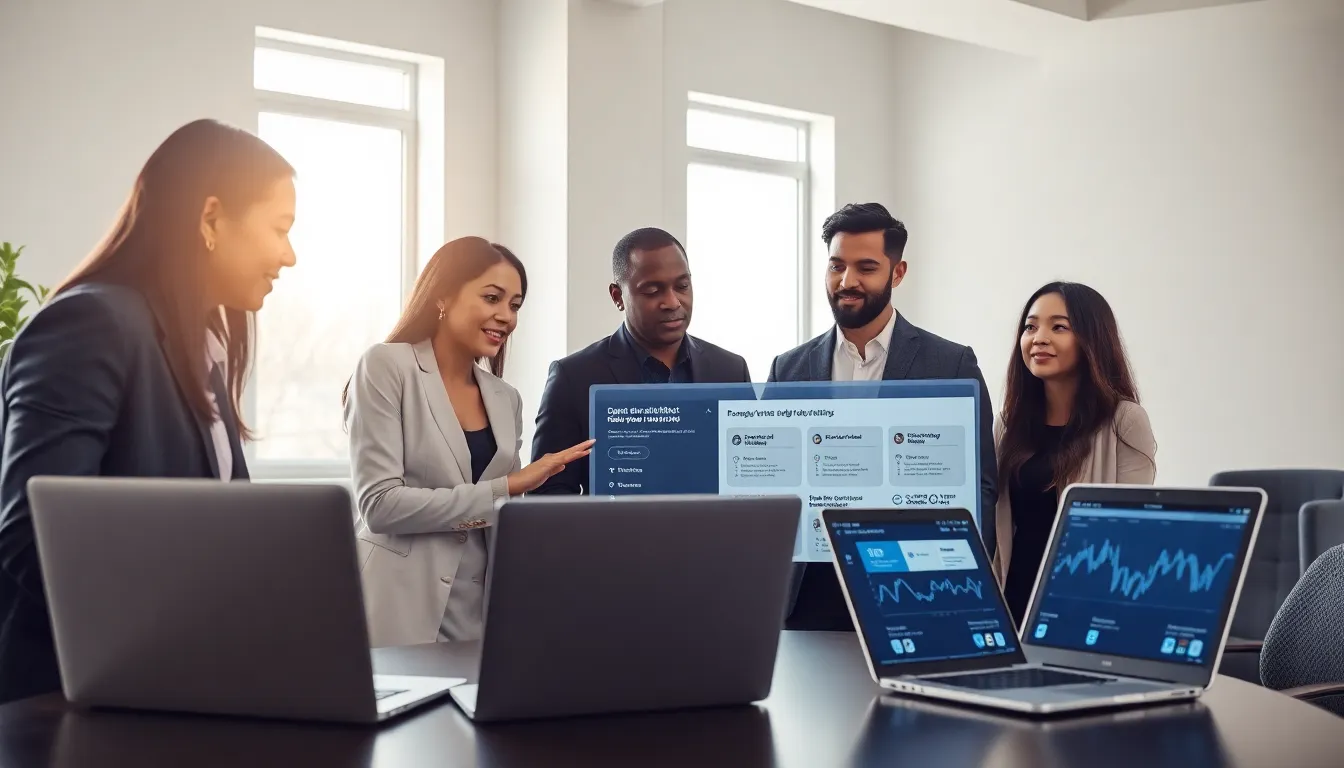 diverse team collaborating on digital adoption tools in a modern office.