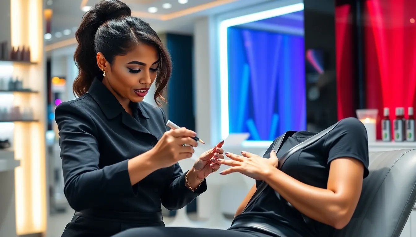 Nail technician applying chrome polish in a modern salon.
