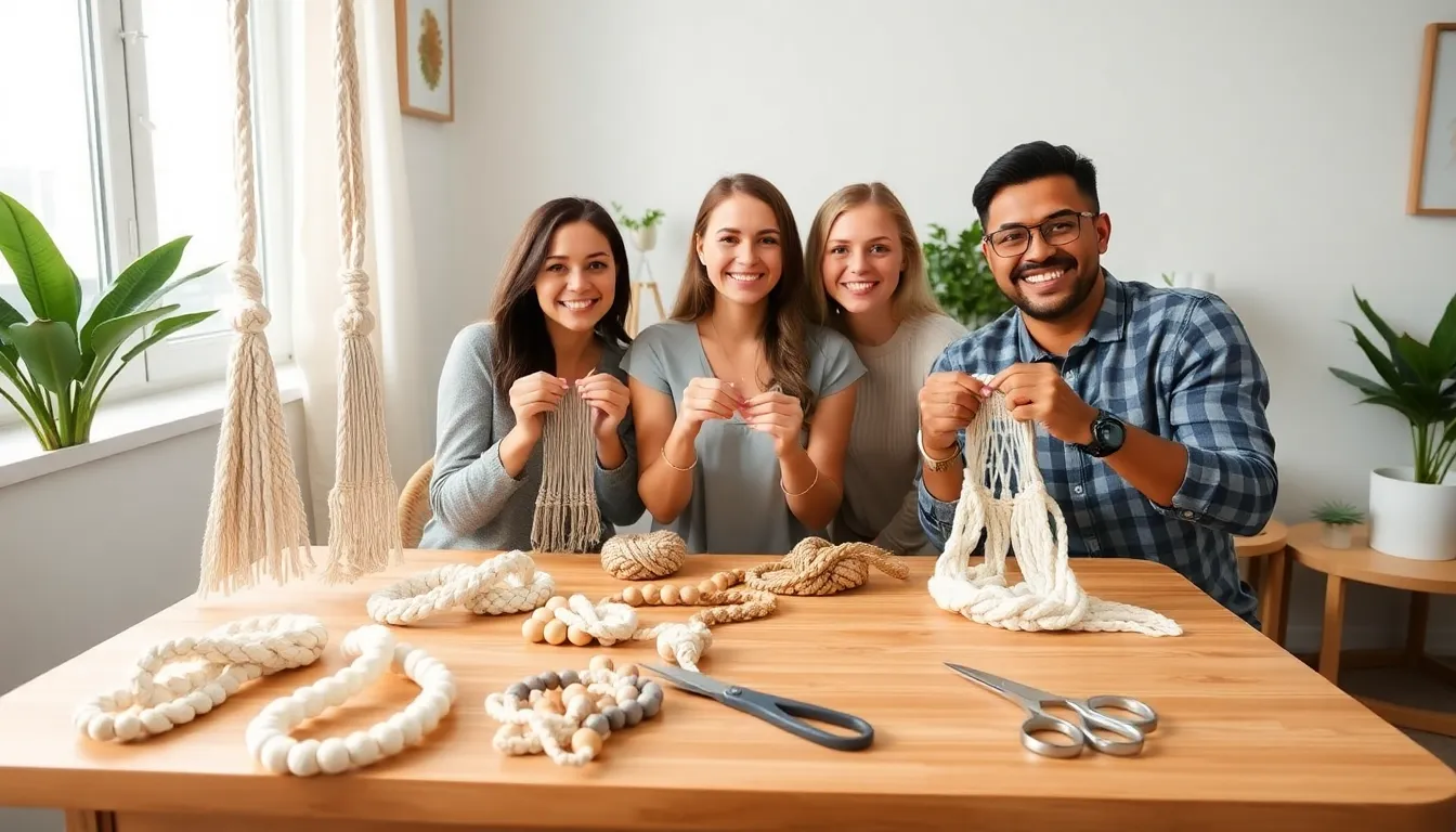 cozy workspace with diverse individuals crafting macrame projects.