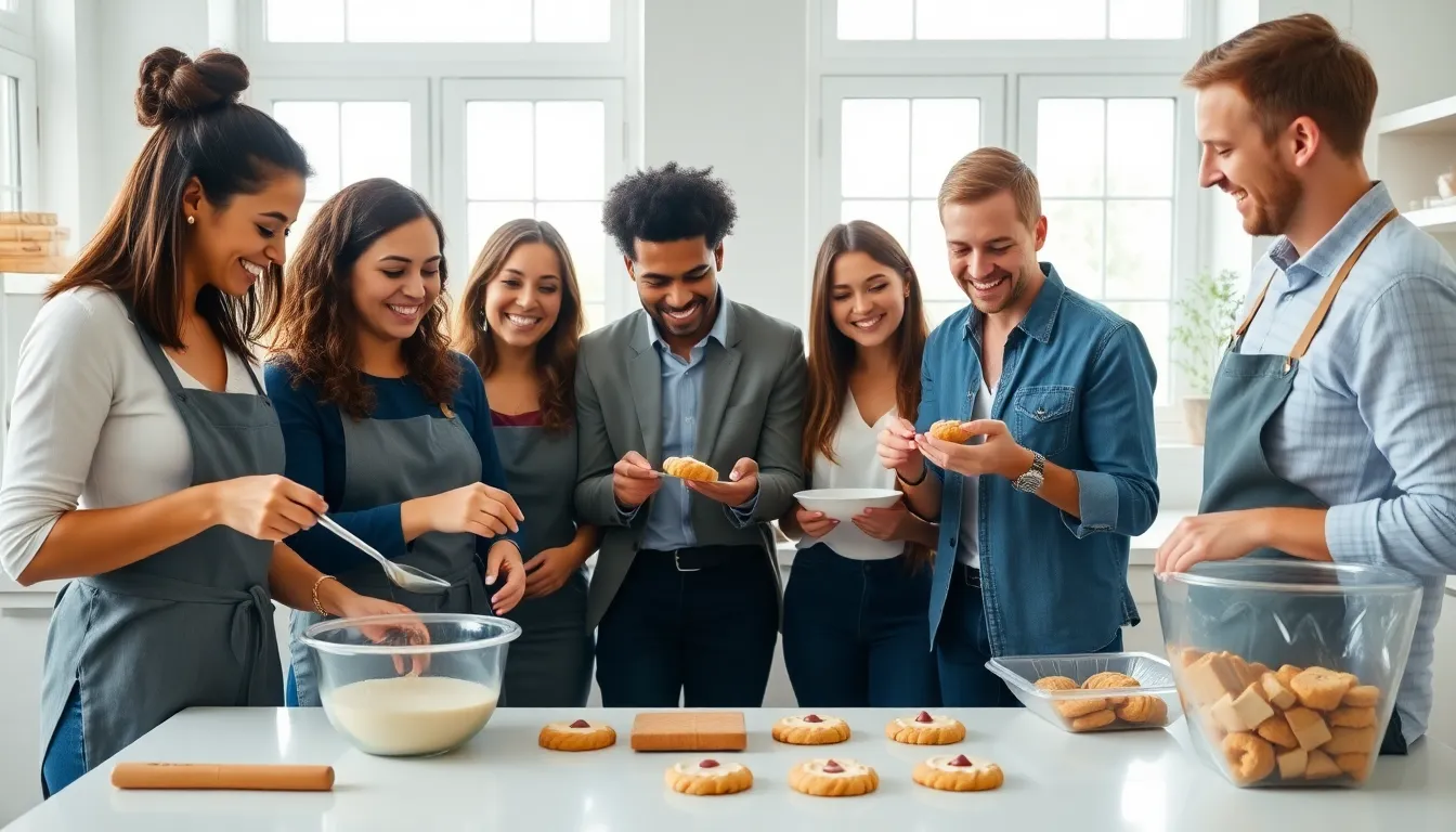 Team baking cookies in a bright, modern kitchen.