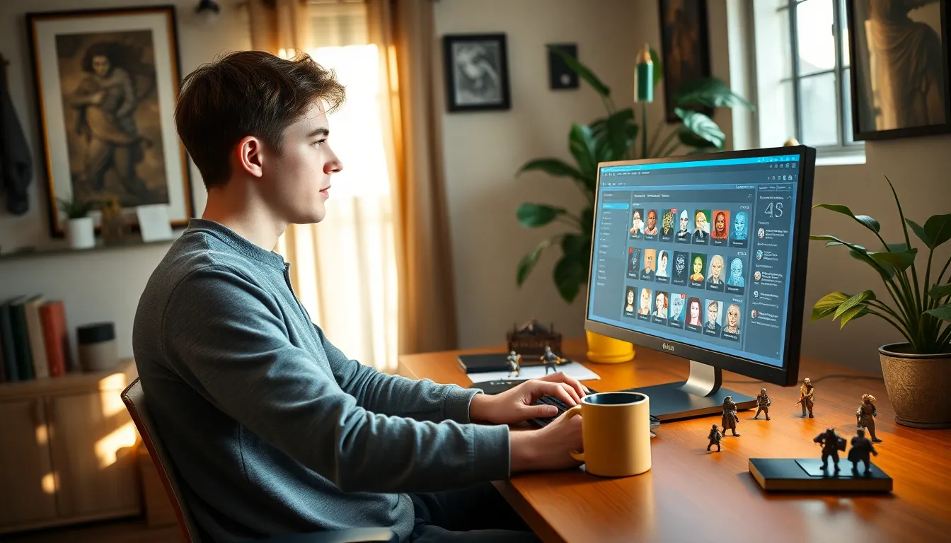 a young man customizing characters using CK2Generator in a cozy room.