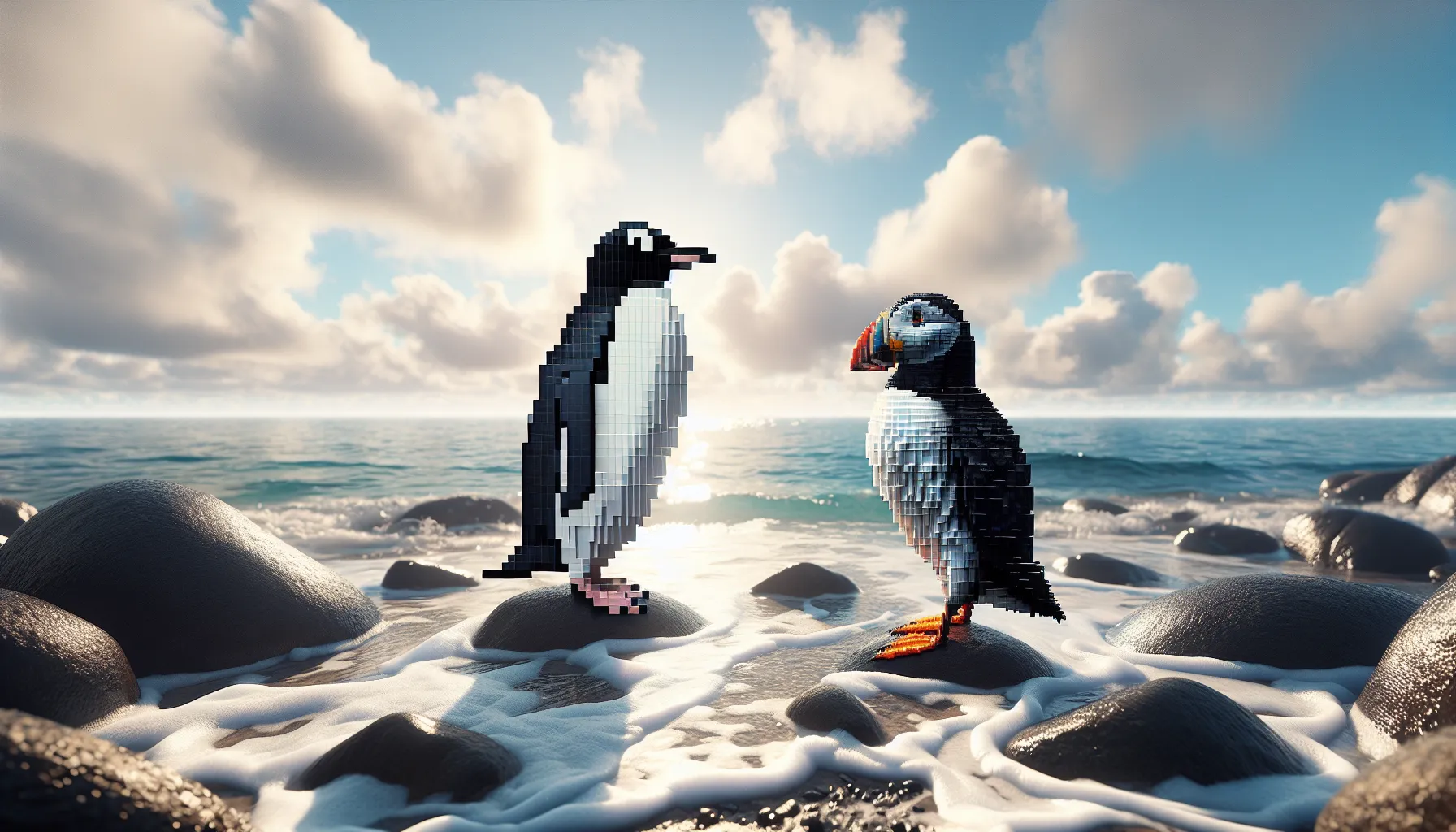 A penguin and a puffin side by side on a rocky shore.