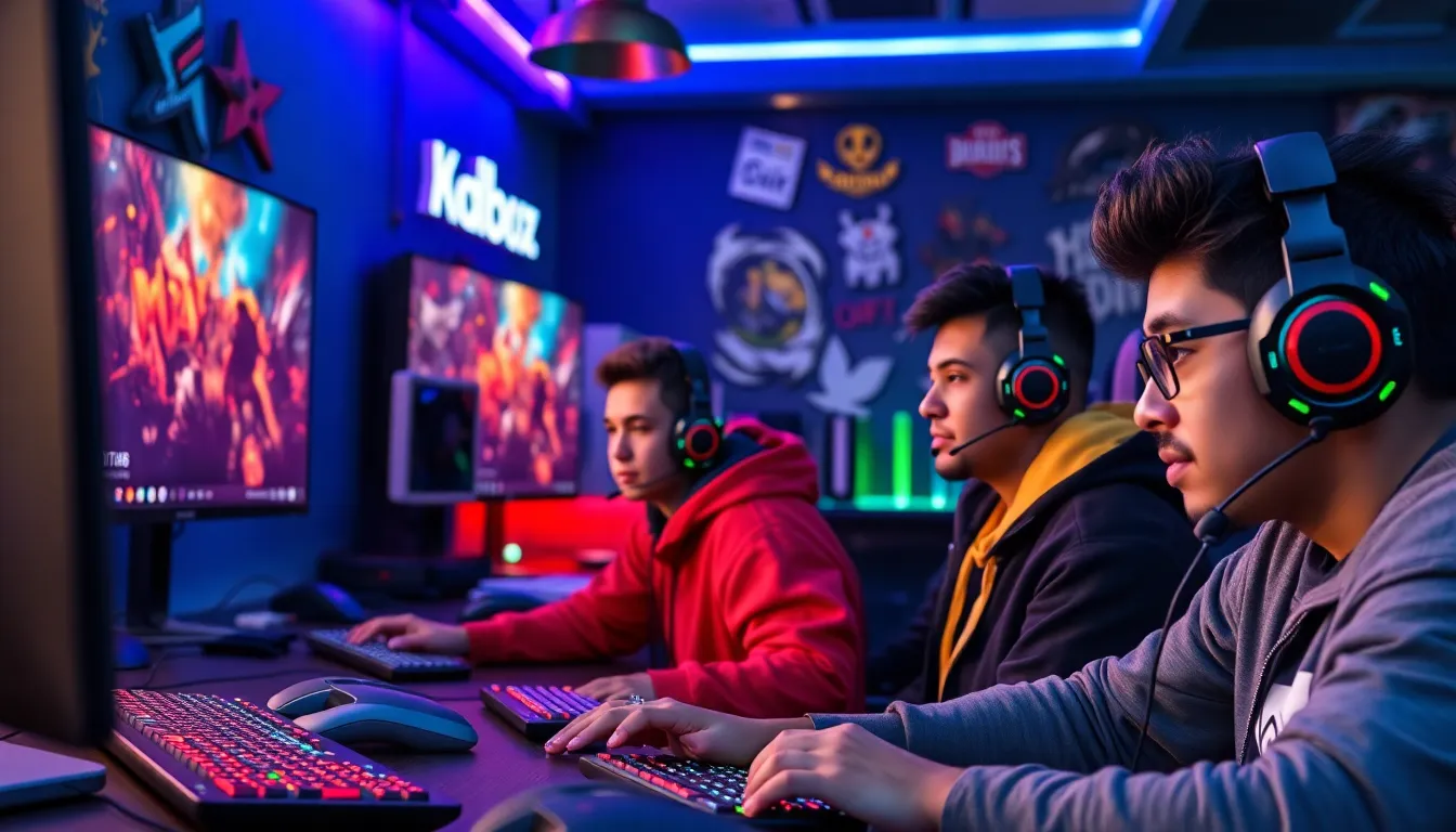 diverse gamers strategizing in a vibrant gaming lounge.