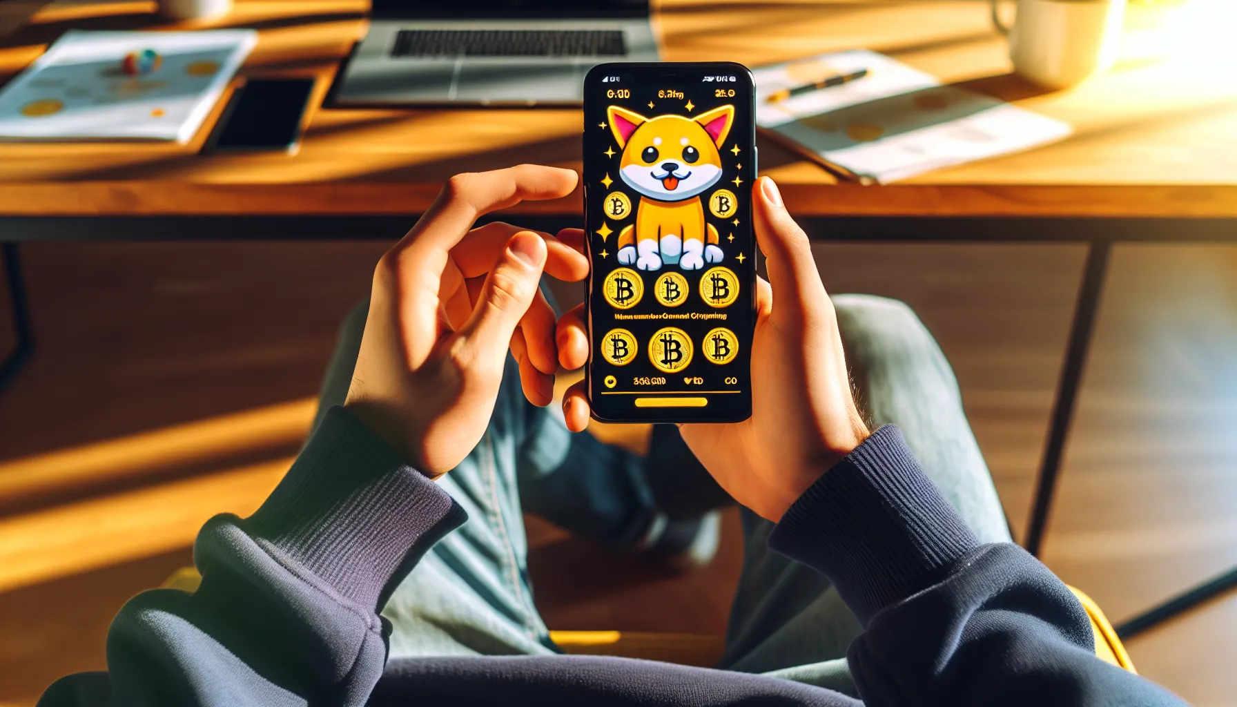 Person holding smartphone showing meme coin app with cartoon mascot in home office.