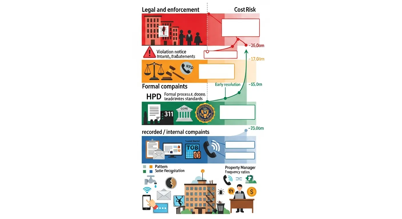 Vertical infographic showing tenant complaints escalating from informal issues to costly legal actions.