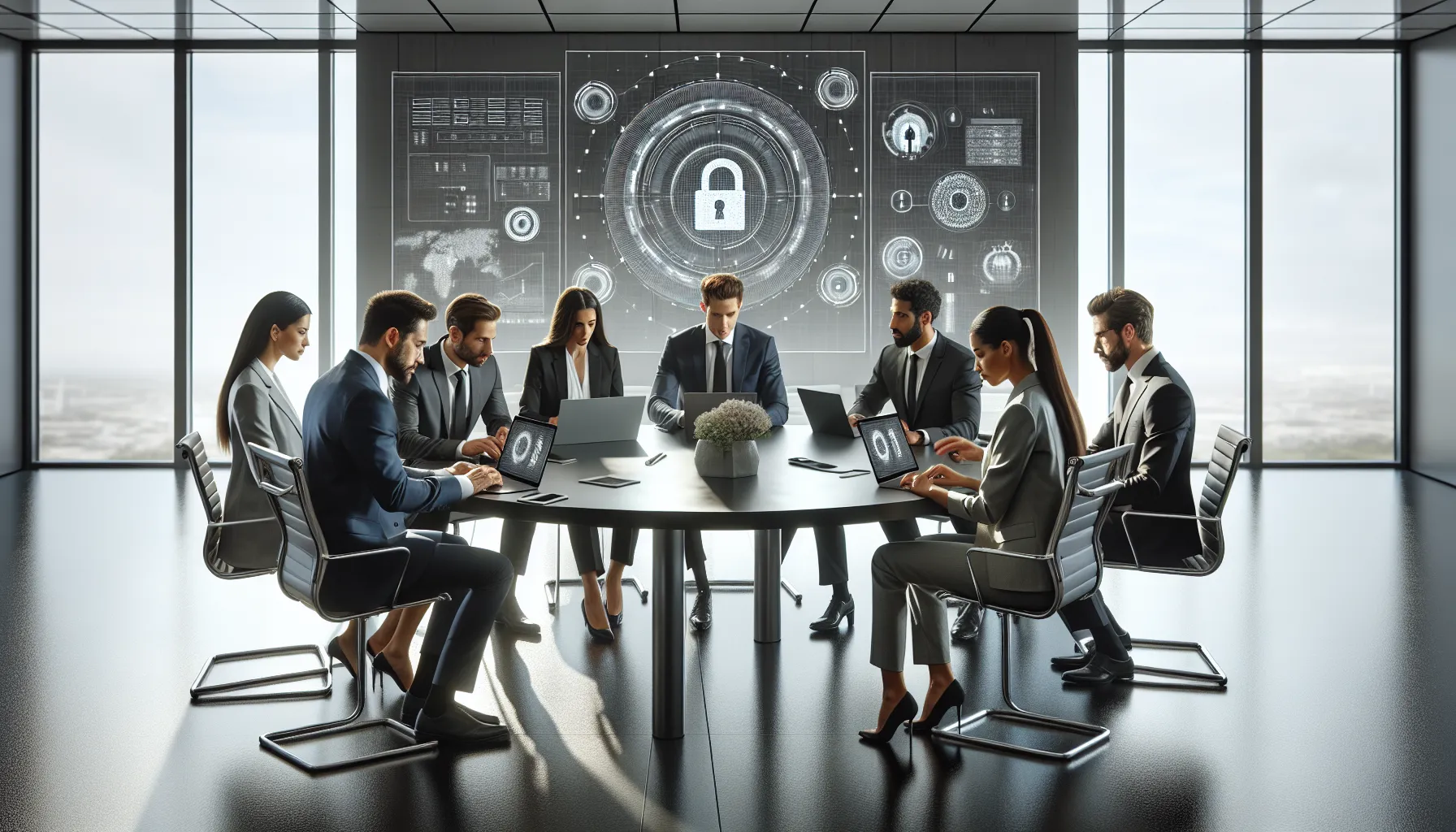 professionals discussing data security in a modern office.