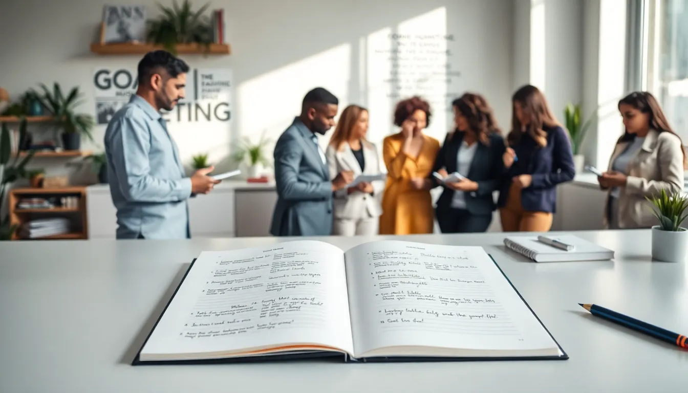 a goal setting journal on a modern desk with diverse people collaborating.