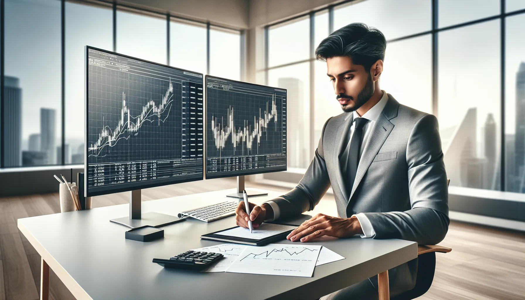 Professional trader reviewing risk management charts and position sizing calculations on monitors in modern office.
