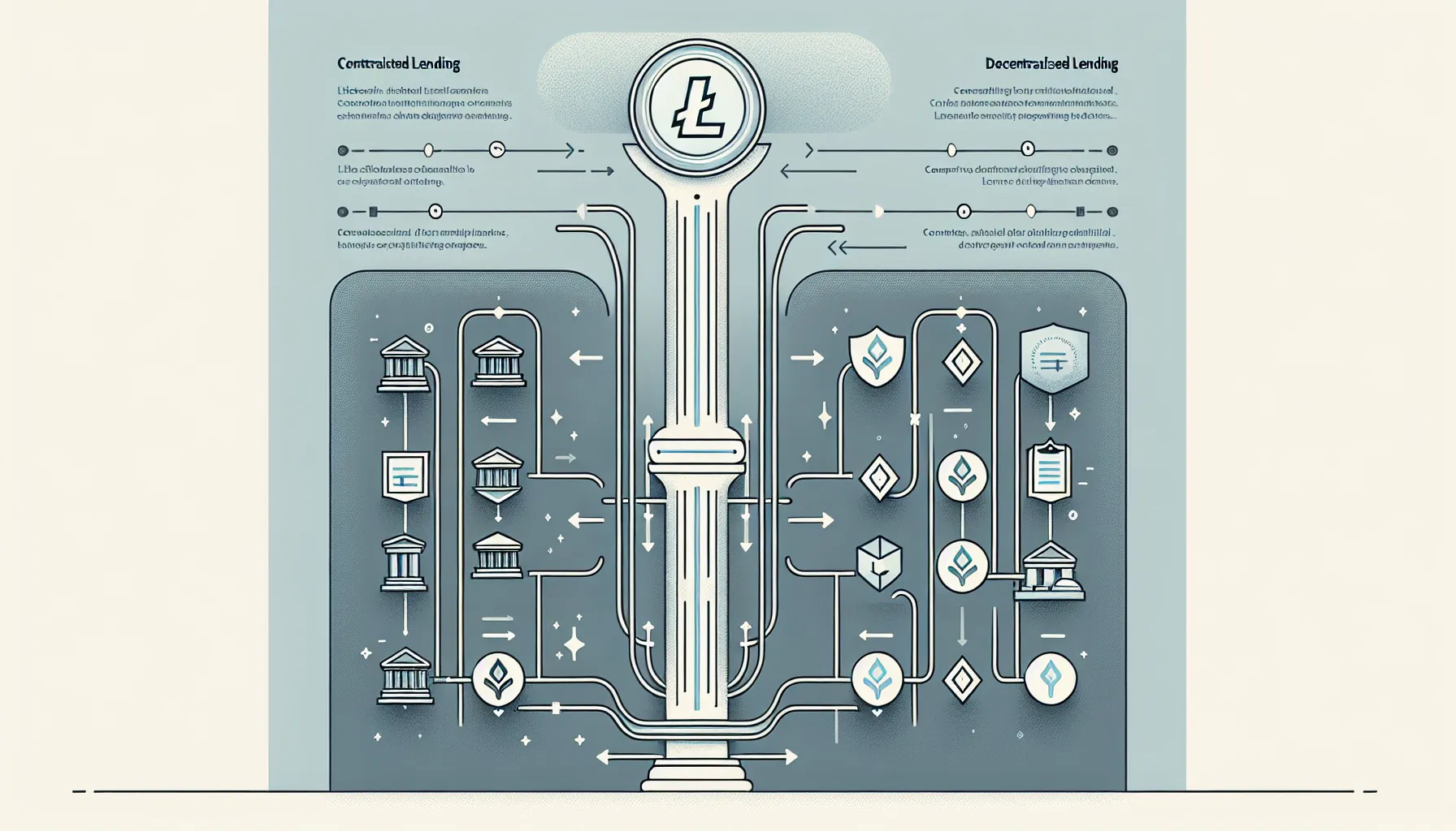 Vertical infographic showing centralized and decentralized Litecoin lending pathways with icons and flow arrows.