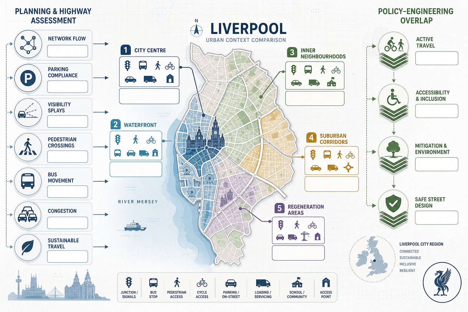 Infographic of Liverpool transport planning factors across different urban street contexts.